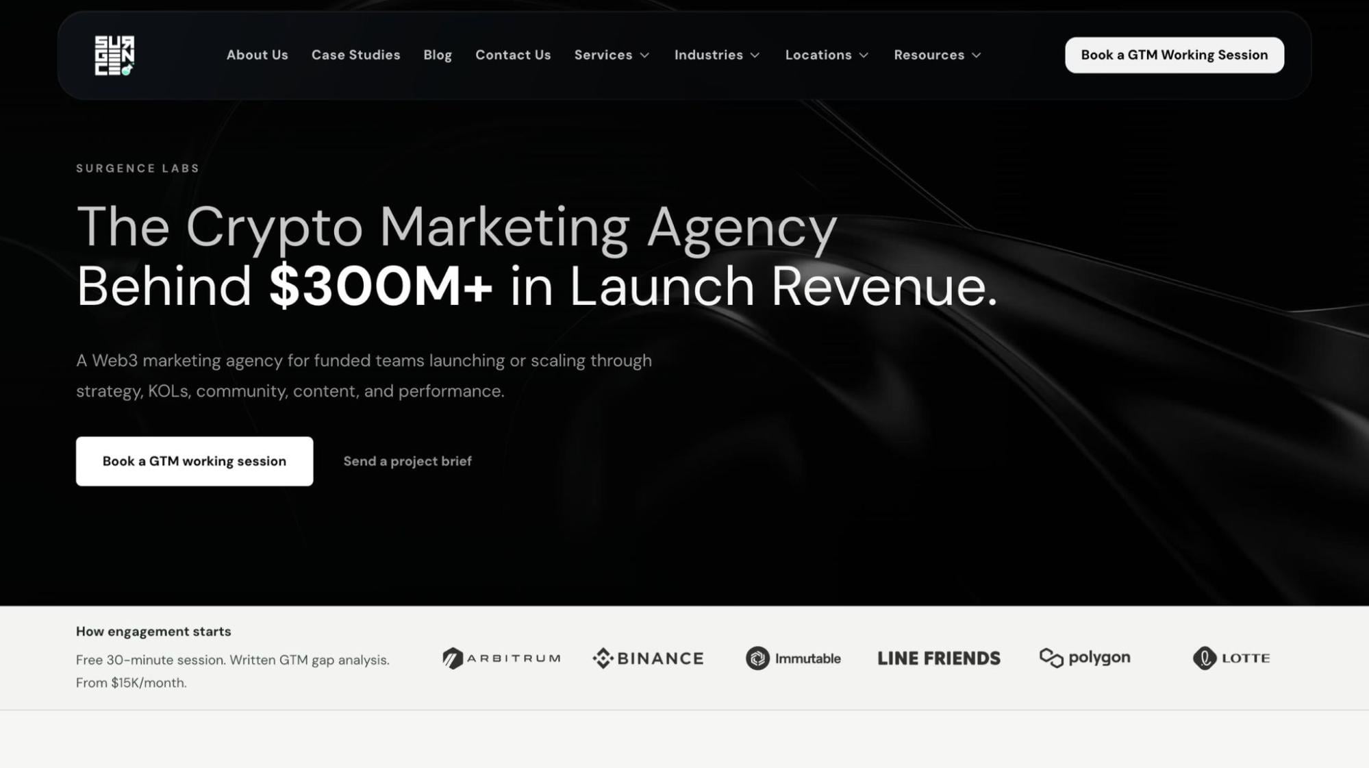 Surgence Labs crypto marketing agency homepage claiming $300M+ in launch revenue, serving Web3 clients including Arbitrum, Binance, Immutable, and Polygon