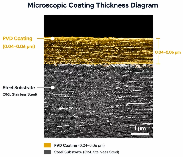 Scanning electron microscope view of a 0.04-0.06 μm PVD gold coating layer on 316L stainless steel, illustrating industrial thin-film deposition standards.