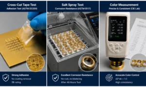 Three-stage quality assurance protocol for PVD jewelry, featuring ASTM-standard adhesion tape testing, accelerated salt spray corrosion trials, and spectrophotometric color verification to ensure a ΔE*ab consistency below 1.0.
