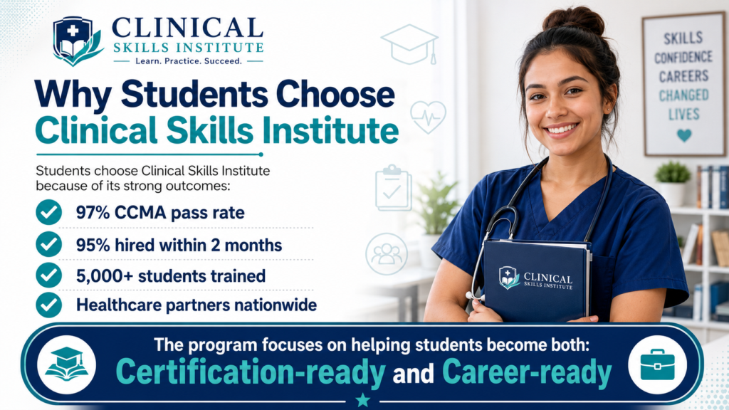 Clinical Skills Institute student outcomes showing 97% CCMA pass rate, 95% hired within 2 months, 5,000 plus students trained, healthcare partners nationwide, and certification-ready career-ready Medical Assistant training