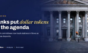Navy editorial card reading Banks put dollar tokens on the agenda in gold italic over a photo of a classical bank building facade with stone columns