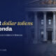Navy editorial card reading Banks put dollar tokens on the agenda in gold italic over a photo of a classical bank building facade with stone columns