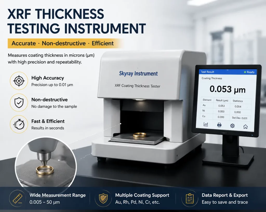 Non-destructive XRF analysis of PVD plating thickness on a jewelry ring, ensuring high-precision quality control and compliance with production standards