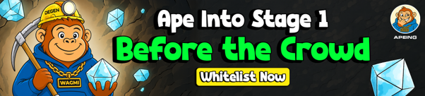 Apeing logo and whitelist presale details surrounded by PEPE, BONK, and FLOKI crypto tokens.