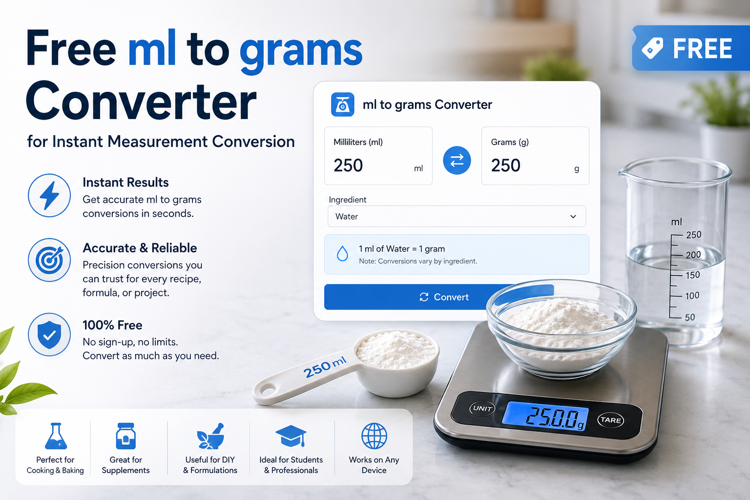 Free ml to grams converter for Instant Measurement Conversion