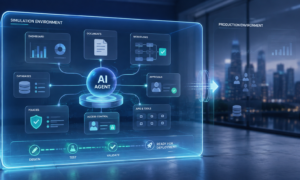 AI agent being tested with enterprise workflows, databases, policies, permissions, and approvals before production deployment.
