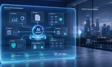 AI agent being tested with enterprise workflows, databases, policies, permissions, and approvals before production deployment.