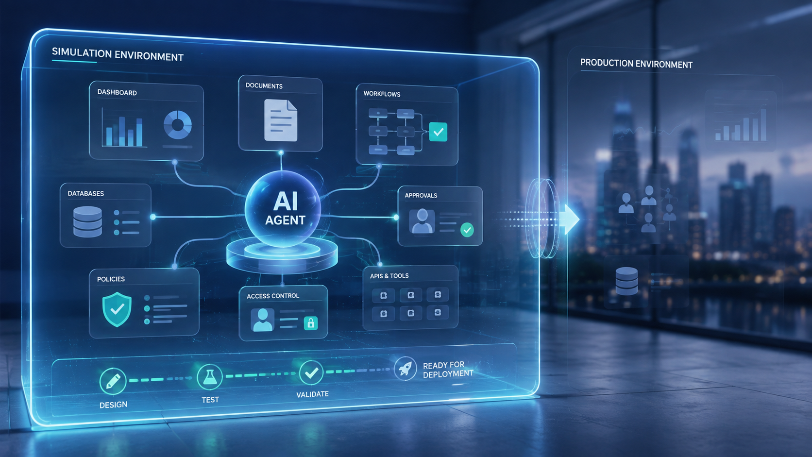 AI agent being tested with enterprise workflows, databases, policies, permissions, and approvals before production deployment.