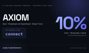Axiom Trade referral code connect banner showing the documented 10 percent discount on trading fees