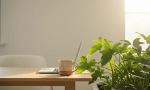 A calm workspace blends with an indoor garden, symbolizing seamless work-life integration and a mindful daily transition.