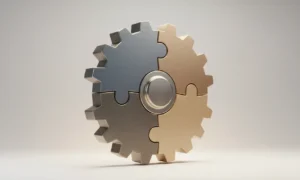 Single interlocking puzzle-gear on a soft gray background, symbolizing job rotation and cross-training in small businesses.