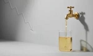 Brass valve pours a golden stream into a glass beaker; faint downward trend line in soft gray background.