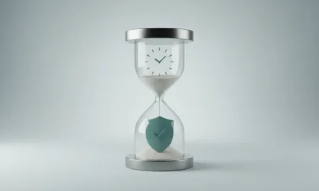 Polished hourglass with a clock in the top bulb and a shield checkmark in the bottom, symbolizing balanced speed and quality.