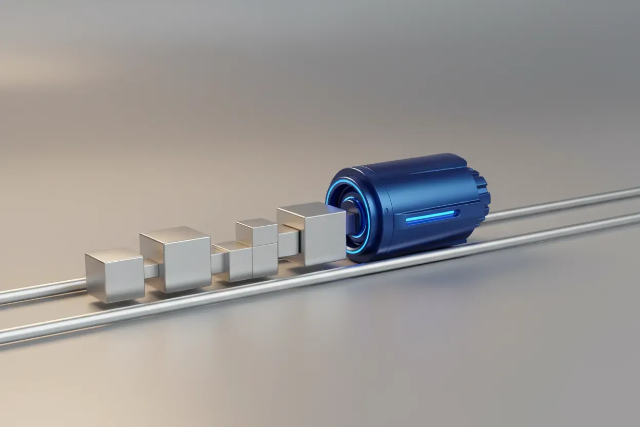 Blue technology accelerator propelling connected workflow blocks along a streamlined track on a neutral background.