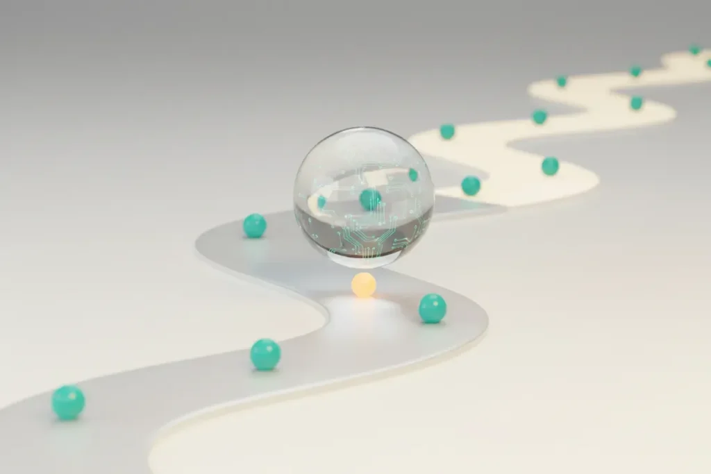 Minimal 3D curved journey path with waypoints, magnified by a glass lens revealing subtle circuitry on a soft neutral background.