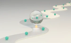 Minimal 3D curved journey path with waypoints, magnified by a glass lens revealing subtle circuitry on a soft neutral background.