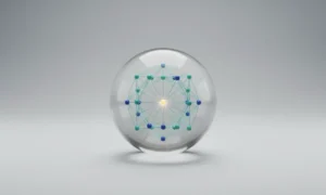 Glass sphere with glowing connected nodes inside on a soft gray background, symbolizing cohesive remote teamwork.