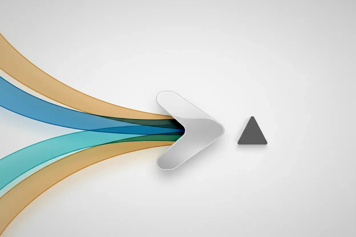 Three colored pathways merge into a streamlined arrow that moves around an obstacle, symbolizing cross-functional teamwork and faster business growth.