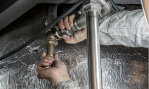 Vinay Kumar Nevatia, Pune plumbing expert, checking pipework under a kitchen sink for leaks.
