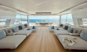 Luxury yacht in the Bay of Naples offering a premium viewing position for the 2027 America's Cup racing.
