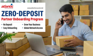 Atlantic International Express Zero Deposit Partner Program banner showing digital onboarding for global shipping agents.