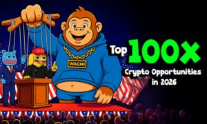 7 top 100x cryptos featured including Apeing whitelist presale details alongside Cardano, Avalanche, and Hyperliquid market metrics.