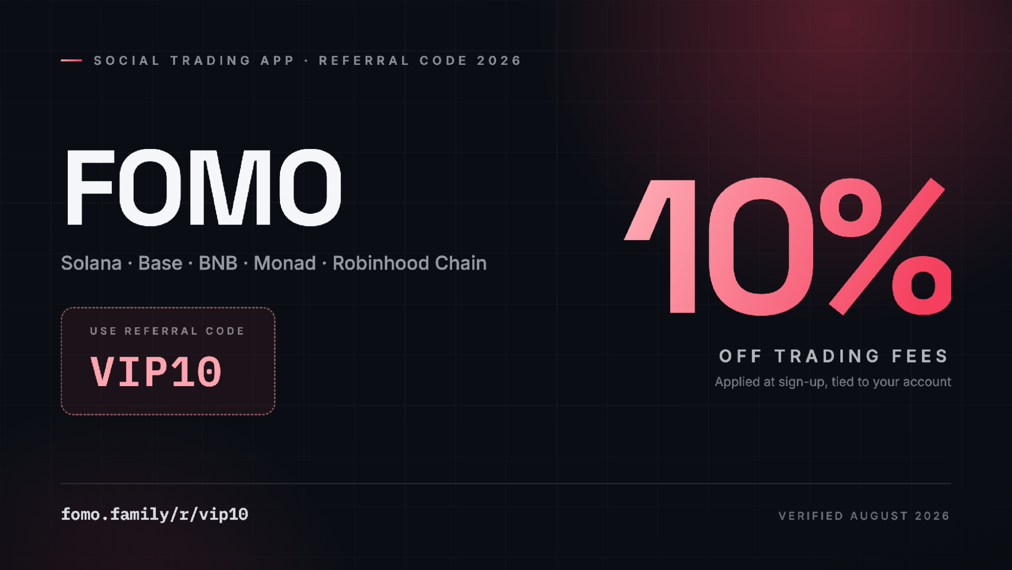 FOMO app referral code VIP10 banner showing 10 percent off trading fees on Solana, Base, BNB, Monad and Robinhood Chain