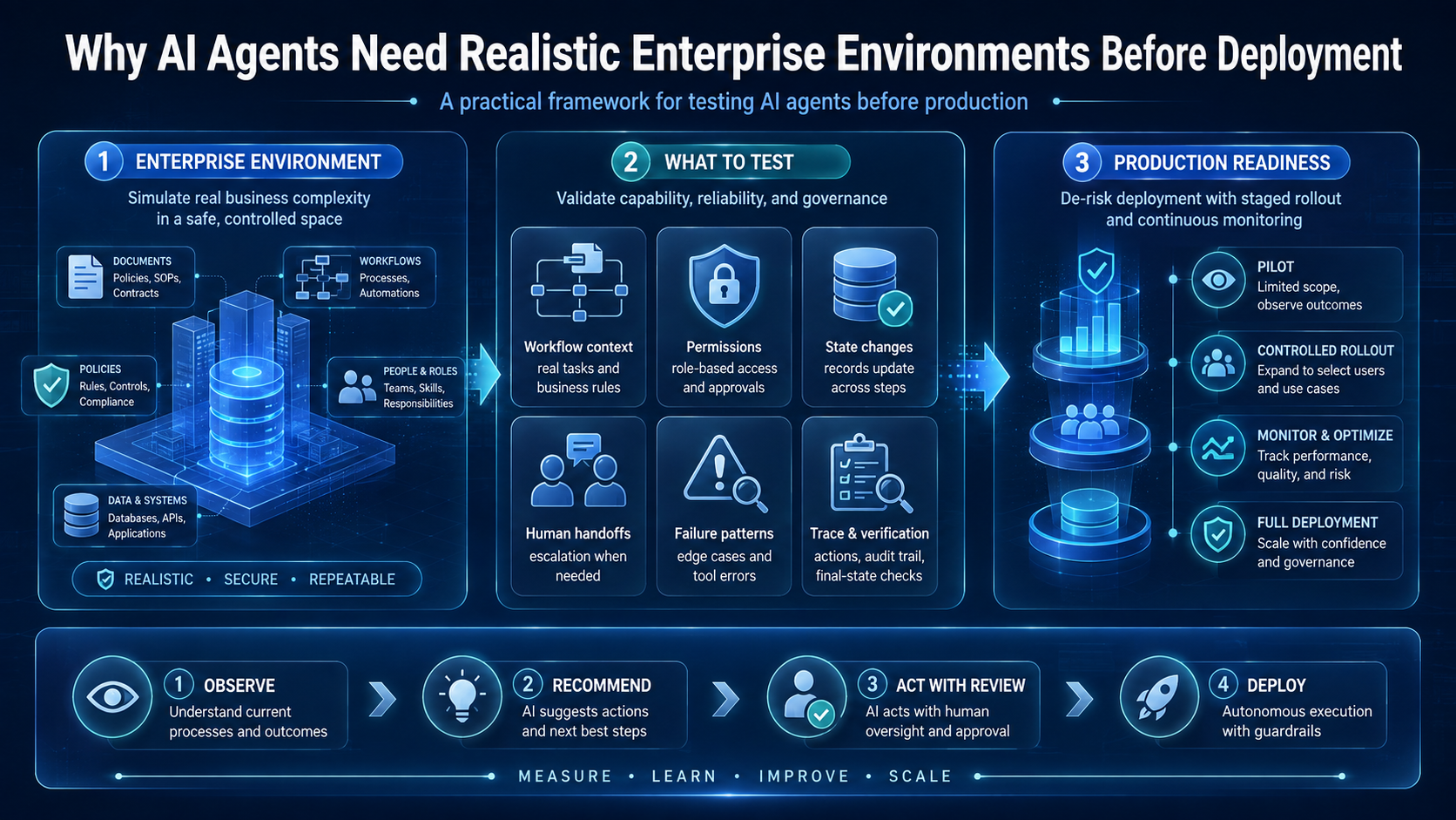 Infographic showing how realistic enterprise environments test AI agents for workflow context, permissions, state changes, human handoffs, failure patterns, and production readiness.