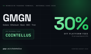 GMGN referral code COINTELLUS banner showing 30 percent off platform fees, verified August 2026