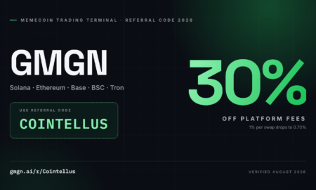 GMGN referral code COINTELLUS banner showing 30 percent off platform fees, verified August 2026
