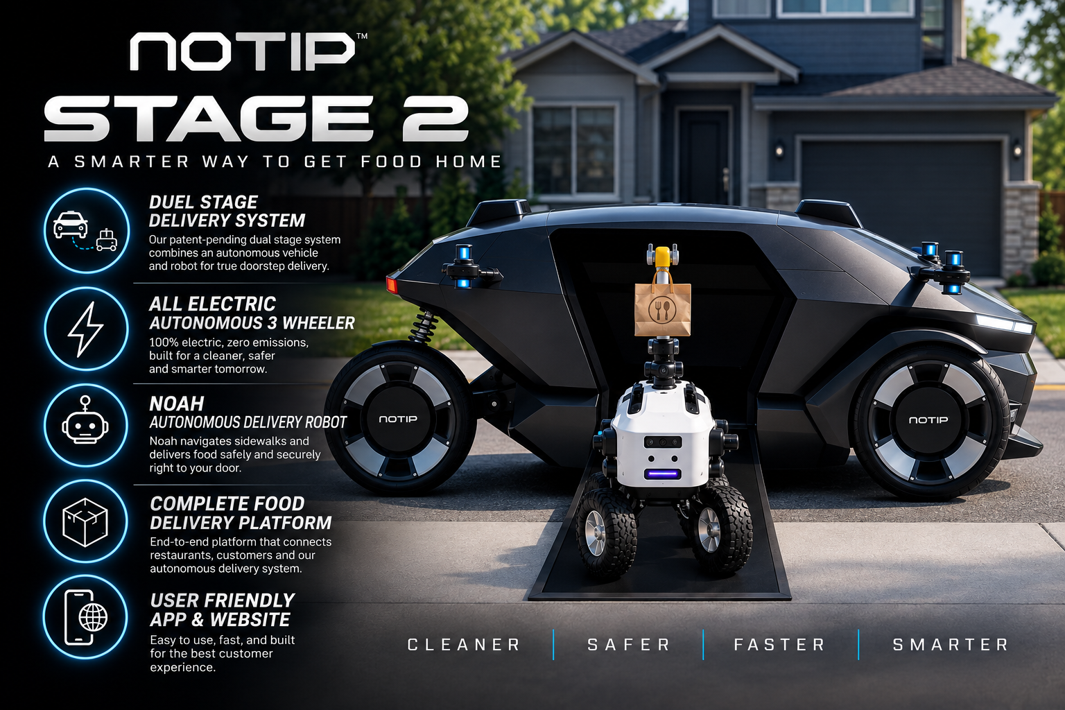Phase II of the NoTip food delivery system features a futuristic EV autonomous car and Noah working in tandem