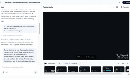Actual TapVid test showing buyer input, scoped revision, generated output, and scene timeline