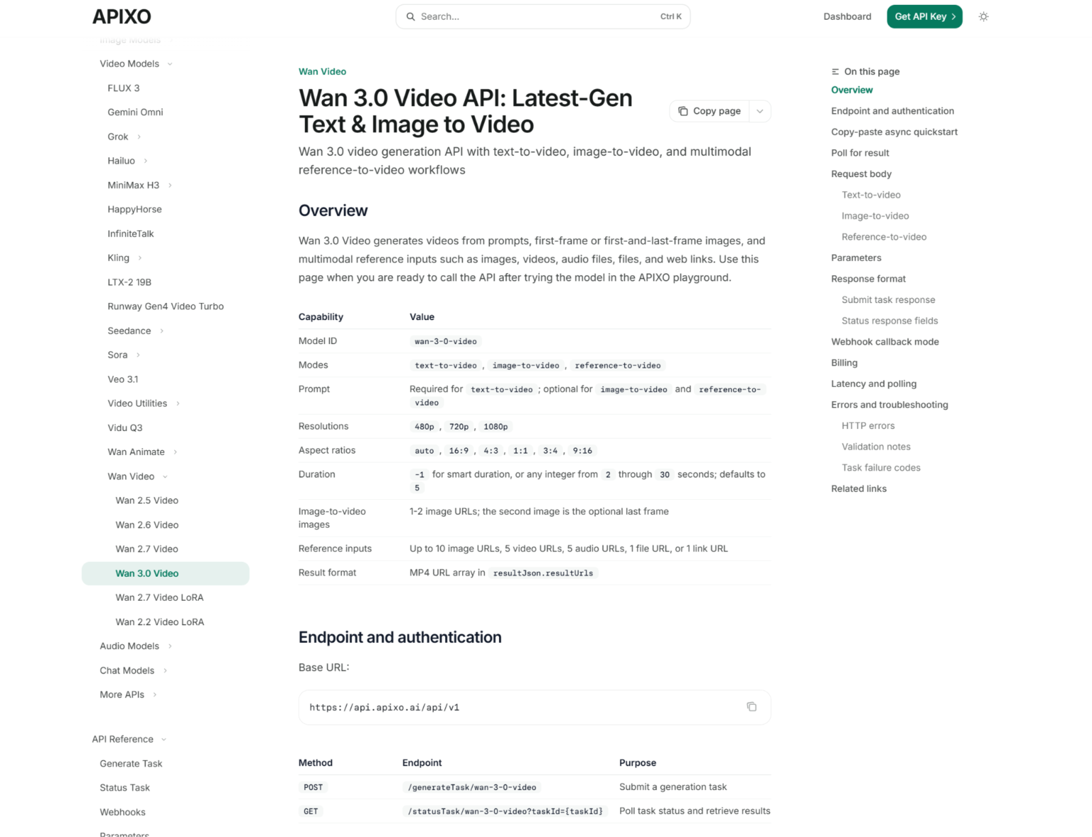  Wan 3.0 Video API documentation on APIXO