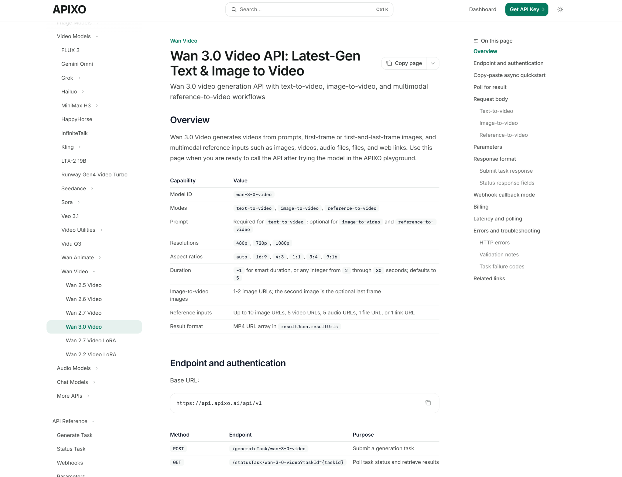 Wan 3.0 Video API documentation on APIXO