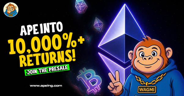 Apeing presale live at $0.0001 with Ethereum and Cardano price movement chart