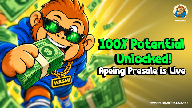 Top 100x meme coin roundup graphic featuring Apeing, Dogecoin, Shiba Inu, and PEPE