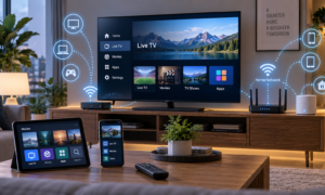 IPTV streaming setup with smart TV, router, tablet, smartphone, streaming box, and connected home network.