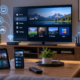 IPTV streaming setup with smart TV, router, tablet, smartphone, streaming box, and connected home network.