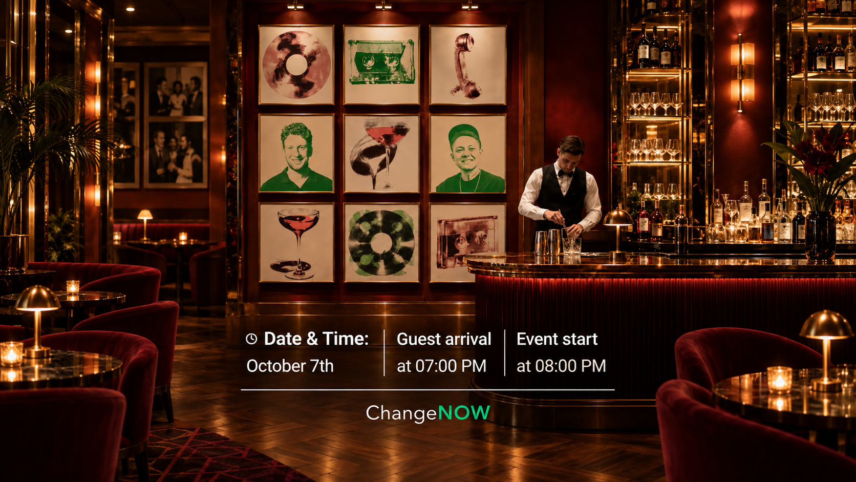 Bartender at a 1960s-inspired cocktail bar beneath artwork and ChangeNOW Retrofuture Soiree arrival details.