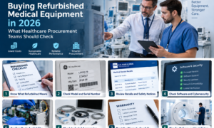 Healthcare procurement team evaluating refurbished medical equipment