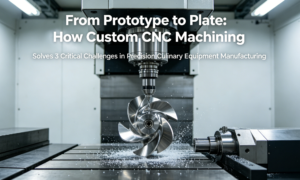 A hyper-realistic, close-up photo of a 5-axis CNC machine cutting a complex stainless steel component for a commercial kitchen appliance in a modern, clean manufacturing workshop, with the article title overlaid.