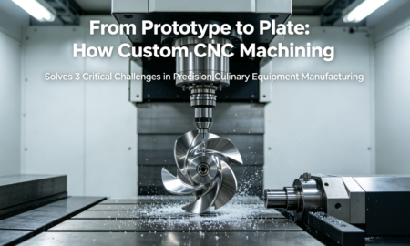 A hyper-realistic, close-up photo of a 5-axis CNC machine cutting a complex stainless steel component for a commercial kitchen appliance in a modern, clean manufacturing workshop, with the article title overlaid.