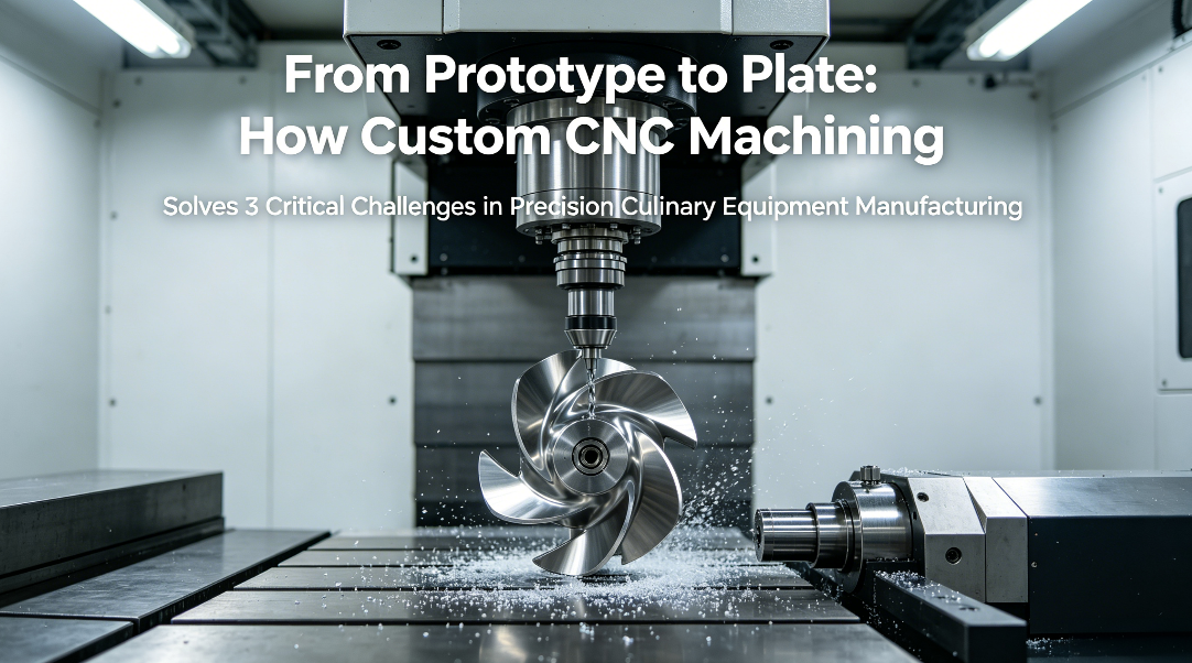 A hyper-realistic, close-up photo of a 5-axis CNC machine cutting a complex stainless steel component for a commercial kitchen appliance in a modern, clean manufacturing workshop, with the article title overlaid.