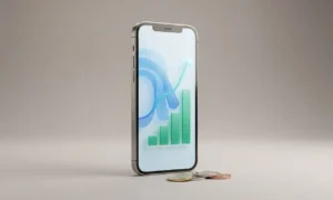 Smartphone displaying a positive cash-flow dashboard beside neatly arranged coins on a soft neutral background.