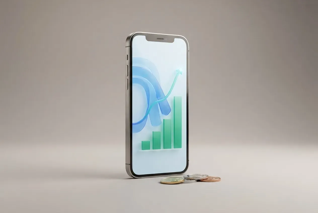 Smartphone displaying a positive cash-flow dashboard beside neatly arranged coins on a soft neutral background.