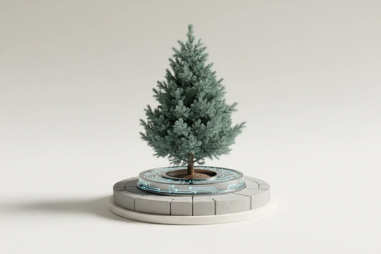 Young evergreen tree growing from a durable, circuit-patterned foundation, symbolizing sustainable competitive advantage.