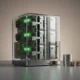 Compact energy-efficient server beside a small stack of coins, symbolizing streamlined startup operations and lower costs.