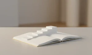 Open notebook with pages forming upward steps, symbolizing continuous learning and entrepreneurial growth