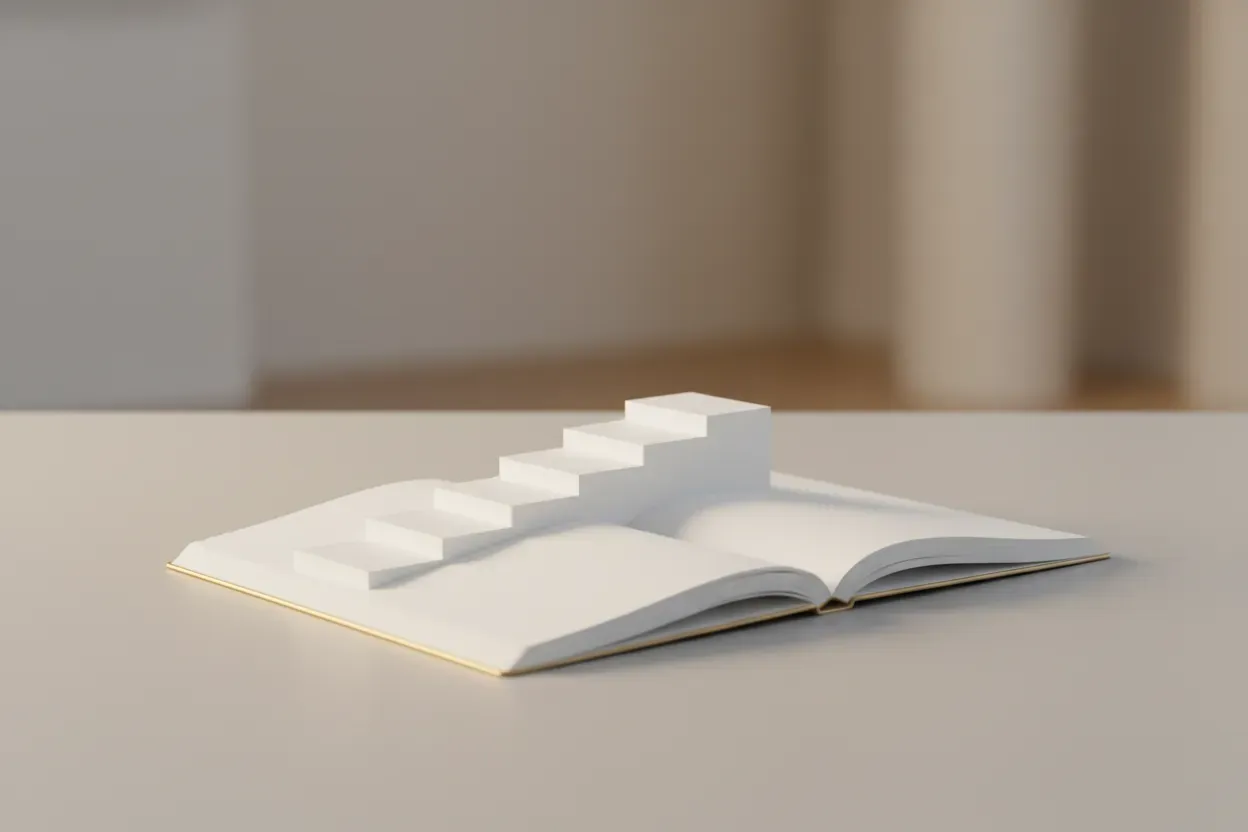 Open notebook with pages forming upward steps, symbolizing continuous learning and entrepreneurial growth