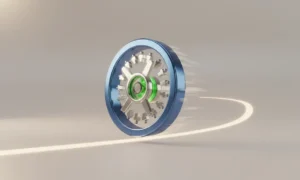 A polished blue and green flywheel gaining momentum, symbolizing organizational alignment and buy-in for faster change.